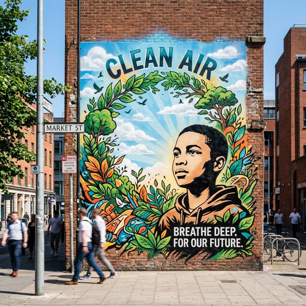A street mural reading “Clean air: breathe deep for our future”